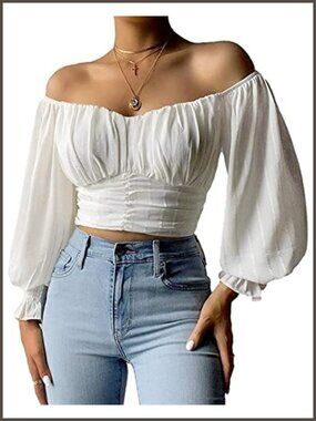 Womens Off Shoulder Puff Sleeve Chiffon Crop Top Blouse Slim Fit